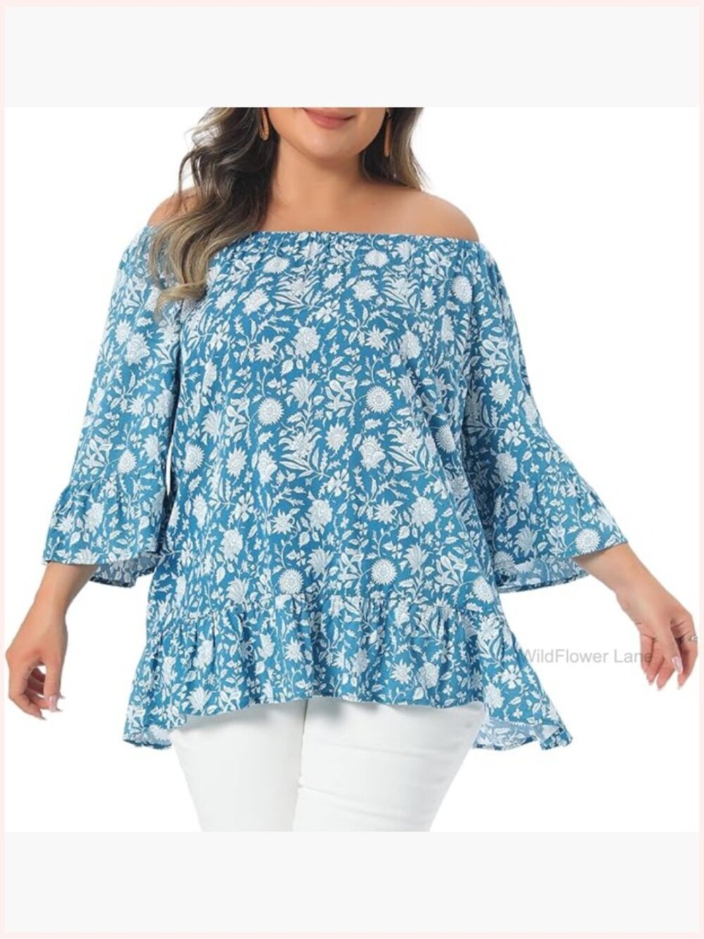 Plus Size Floral Half Sleeve Off Shoulder Blouse Vacation Top